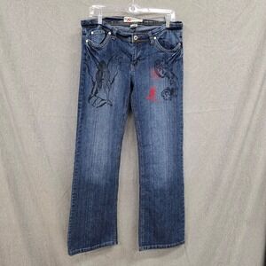 True‎ People Flare Jeans Dark Wash Fairy Graphic Print Y2K Blue Denim Womens 13